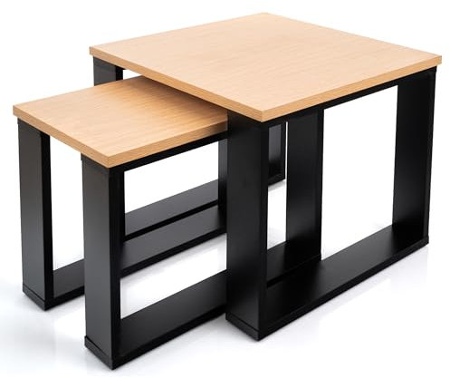 Lehmann Table Basse en Bois, Set de 2 Tables Basses en 2 Tailles, Table Basse Salon, Table Basse carrée pour canapé avec piètement Noir et Plateau en Bois, Set de Table d'appoint pour Le Salon