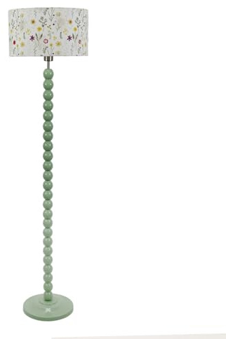ValueLights | Sage Green Bobbin Stem Floor Lamp with Floral Embroidered Drum Shade Living Room Hallway Light | Floor Lamps, Home Décor & Improvement Essential | Included LED Bulb