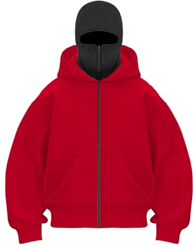 OLIPHEE Herren Kapuzenpullover Winter mit Sturmhaube Casual Hoodie Herren mit Reißverschluss und Tasche Winddicht Warme Jacke Herren Sweatshirt Locker Rot XXL