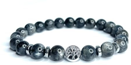 Bracelet en Labradorite Foncée Naturelle 8mm avec Pendentif Arbre de Vie – Pochette Artisanale & Carte Fleur de Vie Offertes – Lithothérapie, Méditation & Cadeau Bien-Être – Cadeau Bijou unisexe