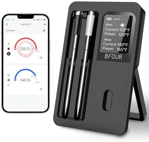 Termometro per Carne Wireless, Termometro per Carne alla Griglia Bluetooth 2 Sonde Impermeabili, Termometro per Carne Wireless Intelligente con Display LCD HD, Termometro per Carne Wireless Digitale