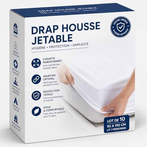 Drap Housse Jetable 90 x 190 cm – Housse Matelas Grand Bonnet - Lit 1 Personne – Lot de 10 Housses Jetables - Protection & Hygiène - Literie à Usage Unique – Tourisme et Médical Blanc