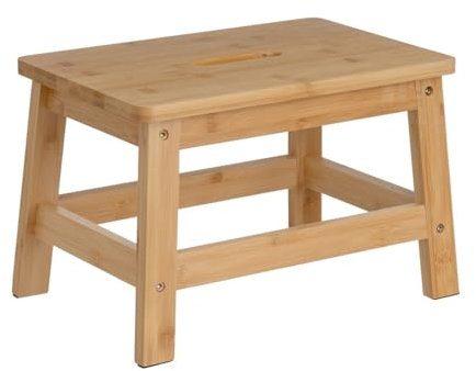 LOLAhome Taburete Escalón de Madera de Bambú Natural con Asa Integrada y Protección Anti-Rayaduras en Las Patas de 33x26x25 cm y Resistencia de 150 kg para Cocina y Baño.