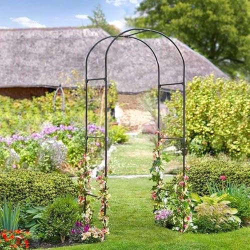 Garden Mile 2.4m Black Steel Garden Arch Heavy Duty Metal Arch Frame Decoration Weatherproof Plant Support Frame For climbing Plants Flowers Arbours For Outdoor and Indoor