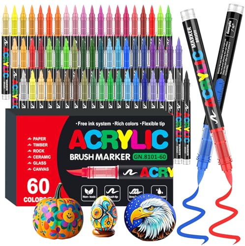 Funnasting 60 Couleurs Feutre Acrylique, Tête de Brosse Douce Marqueur Peinture Acrylique pour Coloriage, Verre, Tissu, Oeuf, Pétroglyphes et Bricolage Arts & Crafts Fournitures