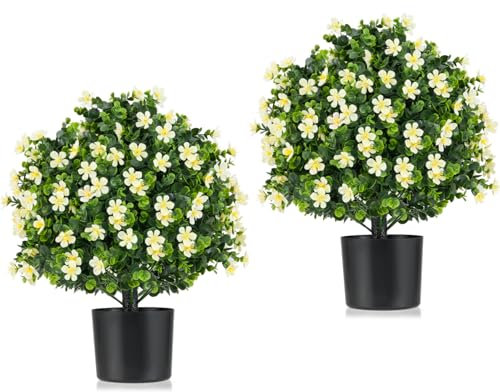 TANGZON Artificial Topiary Trees Set of 2, Decorative Faux Boxwood Topiary Plant in Pot with Flowers, Tall Indoor Outdoor Fake Ball Plants for Home Garden Office (White Gardenia, 54cm)