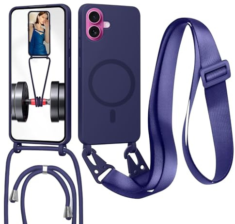 FERLAN Lanyard for iPhone 16 Wireless Charging, Shockproof Removable Phone Case with Strap Adjustable Neck Cord Necklace Soft Cover for iPhone 16, Dark Blue