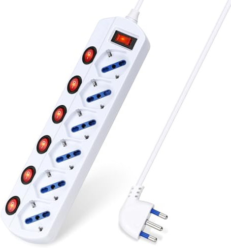 Aigostar Multipresa Ciabatta Elettrica 6 Posti Con Interruttori Indipendenti, Presa 16A P40, 250V MAX.2300W Con Protezione Sovraccarico, Cavo 1,5m, Colore Bianco