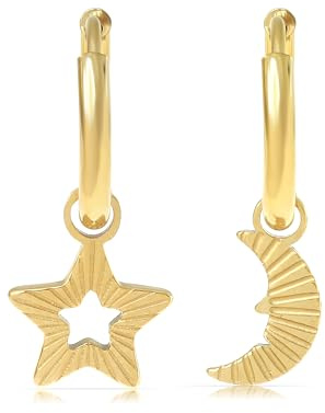 Made by Nami Set Ohrringe Hängend mit Stern und Mond Anhänger in Silber oder Gold aus Chirurgischem Edelstahl Damenohrringe Hypoallergen & Wasserfest Boho Schmuck
