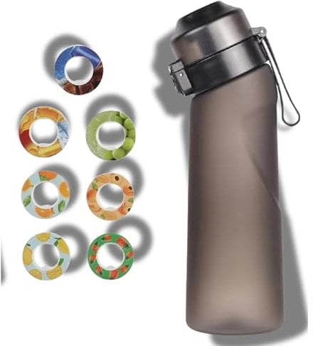 Air Water Bottle with Flavour Pods, 650ml Starter Up Set BPA Free Drinking Bottles with 7 Random Flavour Pods Scented 0 Sugar Calorie, Water Cup with Straw for Gym School Outdoor (Charcoal Grey)