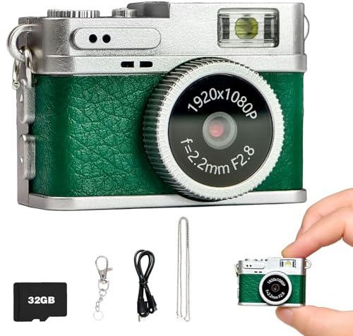 Mini Keychain Camera, Digital Camera, Vintage Portable Mini Retro Camera, 1080P Video Vlogging Camera with 32 GB Card for Beginners Teens Adults Kids (Green)