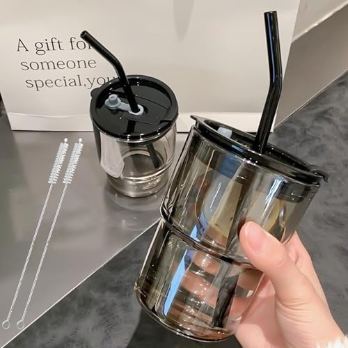 SciFiVisi 2 Stück 450ml Glasbecher mit Auslaufsicher Deckel & Strohhalm & Bürste, Glas Smoothie Becher, Kaffeebecher, Eiskaffee Becher, Glas Bubble Tea Becher, Trinkglas für Heiße/Kalte Getränke
