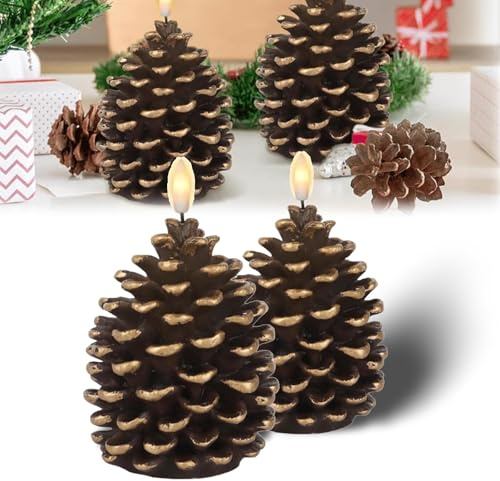 Hailmkont Flammenlose Tannenzapfenkerzen, Deko Weihnachten Tannenzapfen LED Kerzenlampe, Batteriebetrieben LED Tannenzapfen Kerze Flackernde Flamme Lampe für Weihnachten Dekoration (2PC)
