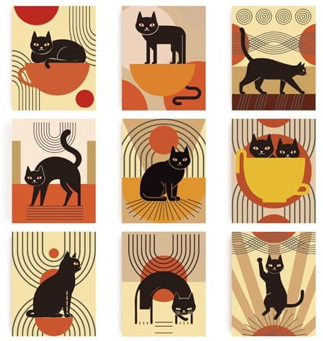 INFUNLY 9er Set Katzen und Bohème Wandbilder Leinwanddrucke Schwarz Weiß Katzen Boho Illustrationen Poster Retro Kunst Katzenbilder Katzendrucke Tassenmotive für Wohnzimmer Schlafzimmer 8x10 Zoll