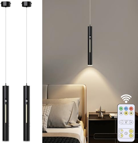 DESGNT Batteriebetriebene Hängelampe mit 6000 mAh Akku-Modern Pendelleuchte mit Fernbedienung,Dimmfunktion & Bewegungsmelder für Küche,Schlafzimmer und Wohnzimmer (Schwarz 2 Stück)