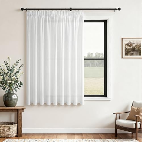CUTEWIND Gardinen Kräuselband Leinen Gardinen Weiss Vorhänge Wohnzimmer Modern 1er Set 145 cm Hoch 200 cm Breit, Vorhang Leinenoptik Weiß Halbtransparent Landhausstil Vorhang Schals Stores