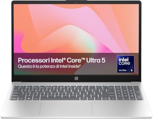 HP Laptop 15-fd1005sl, PC Portatile 15, Display FHD, Notebook, (Intel Core Ultra 5 125H, RAM 16GB, SSD 512GB, Windows 11), Computer Portatile, Uso quotidiano, Tastiera Italiana, QWERTY, Argento
