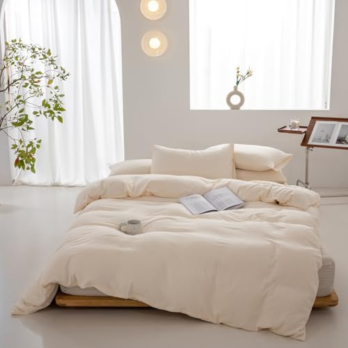 VENIES Baumwolle Bettwäsche 150 x 200 cm Einfarbig Einzelbettbezug | 100% Baumwolle Bettbezug aus Atmungsaktive Bettwäsche Beige