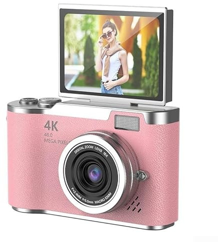 Appareil photo numérique CCD 4K, pour étudiant, appareil photo numérique compact 48 MP, écran à rabat haute définition de 6,1 cm pour débutants (rose 32 Go)