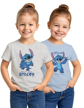 Disney Lilo & Stitch T-Shirt für Mädchen Oberteil Kinder Shirt kurzärmlig Blau/Grau (2er Pack)