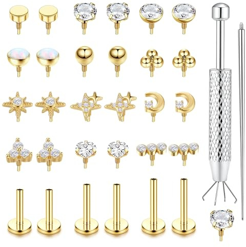 MILACOLATO Labret Piercing Jewellery Surgical Steel Flat Back Earrings | 16G/18G Grabber & Taper Internally Threaded Labret Studs Silver Gold Nose Lip Cartilage Tragus Piercing Jewellery 6/8/10MM