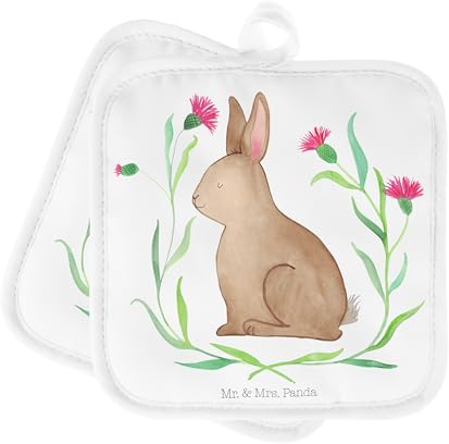 Mr. & Mrs. Panda Topfuntersetzer Hase Sitzen - Ostergeschenke, Osterdeko, Geschenk, Topflappen 2er Set, Grüße, Topflappen lustig, Osterhase,