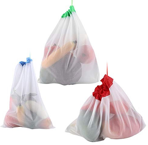 12 Unids Reutilizable Malla de Cordón Producir Bolsas Fruta Vegetal Sacos Poliéster Bolsa de Compras con Peso de Tara en Etiquetas Juguetes Bolsa