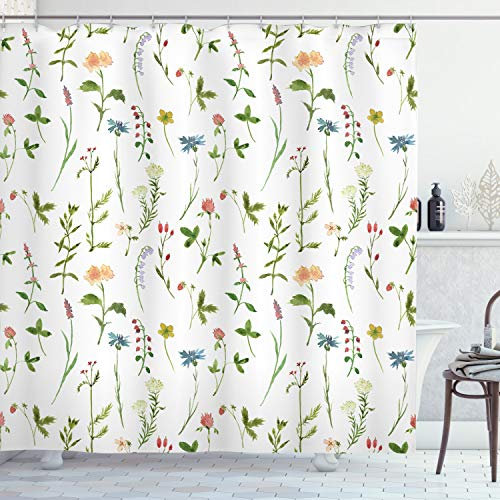 ABAKUHAUS Blumen Duschvorhang, Herb Flowers Aquarelle, Stoffliches Gewebe Badezimmerdekorationsset mit Haken, 175 x 200 cm, Mehrfarbig Grün