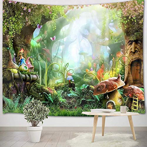 LB Grün Dschungel Wandteppich 150x100cm Wald Wandtuch Fantasy Märchen Wandbehang Tapisserie für Kinder Schlafzimmer Wohnzimmer Wohnheim Wand Dekor,Geburtstag Party Hintergrund