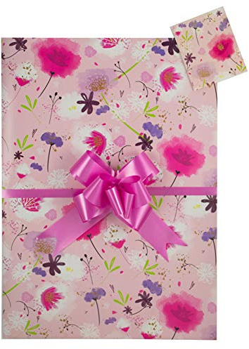 Poppy and Flowers, Pink Gift Wrap 2 Sheets, 2 Tags and 2 Pull Bows