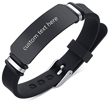 JewelryWe Schmuck Herren Armband mit Gravur, Personalisierte Namen Edelstahl Gummi Silikon Sport Handgelenk Identifikation ID Tag Armbänder Armreifen für Männer Frauen Kinder Einstellbar Schwarz