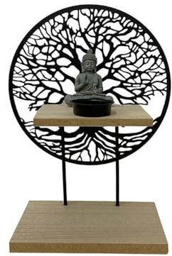 Tea Light/Tealight/Single Candle Holder - Buddha with Tree - Wood/Metal