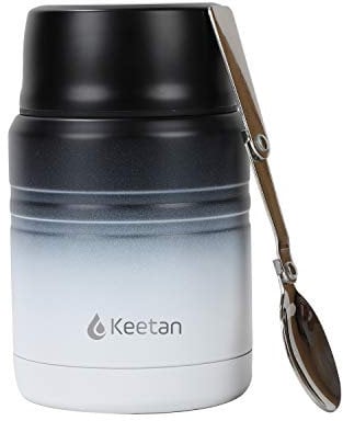Keetan Vacuum Insulated Food Flasks BPA Free Stainless Steel Food Containers with Folding Spoon Lunch Box, 500ML, Black and White