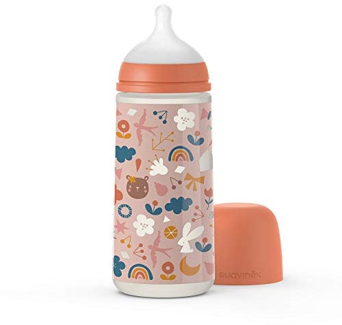 Suavinex, Biberon avec Tétine Symétrique SX Pro. Silicone Fin Ultra-Doux. Biberon avec Valve Anti-Colique. Biberon 360 ml. Débit Dense. Forest Rose