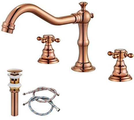 Gotonovo 3-Loch Weitläufiger Badezimmer-Waschtischarmatur mit Doppelkreuzgriffen, Mischbatterie für Waschtisch mit Deckmontage und passendem Pop-Up-Abfluss, Roségold