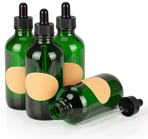 stonylab 4er-Pack Glas Tropfflasche, Leere Glasflasche mit Kegelförmigem Glastropfer, Innenstöpsel und Etikett für Ätherische Öle, Aromatherapie-Düfte (120 ml, Grün)