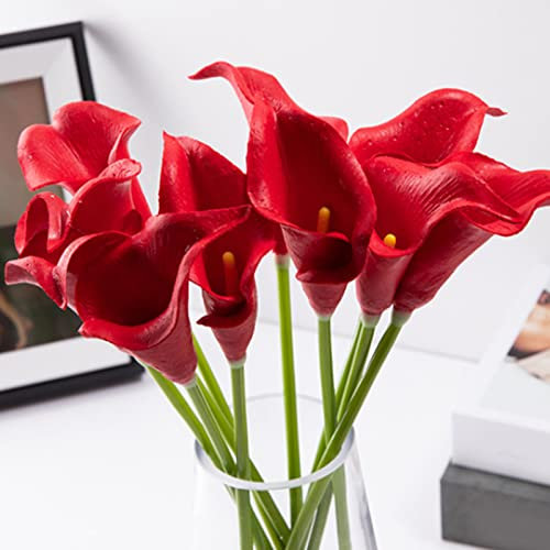 JFBUCF 12 flores artificiales de lirio de cala, 35 cm, diseño de lirios de cala, de tacto real, para decoración de mesa en casa, oficina, color rojo