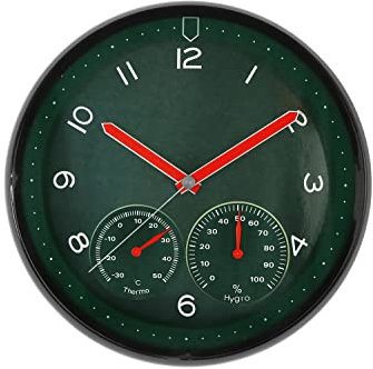 MPM Quality Design Kunststoff-Wanduhr, Grün, Quarz-Schrittmotor, Hygrometer, Thermometer, Temperatur- und Luftfeuchtigkeitsanzeige, Originelles Zifferblatt, E01.3084.40, ∅ 314 x 45 mm