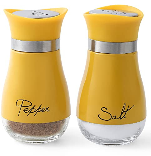 Lonffery Salt and Pepper Shakers Set - Salt Containers for Gifts, Kitchen Decor, Home, RV, Camp, BBQ, 4 oz Farmhouse Spice Dispenser with Glass Bottom, Yellow, Set of 2