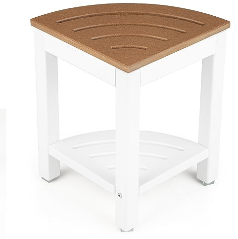 RELAX4LIFE Eck-Duschbank, HDPE-Duschhocker mit Ablage, Badezimmer-Fußstütze für Kleine Räume, Wasserdichter Duschhocker bis 150kg Belastbar, 2-stufiger Organizer für Innendusche, Braun+Weiß