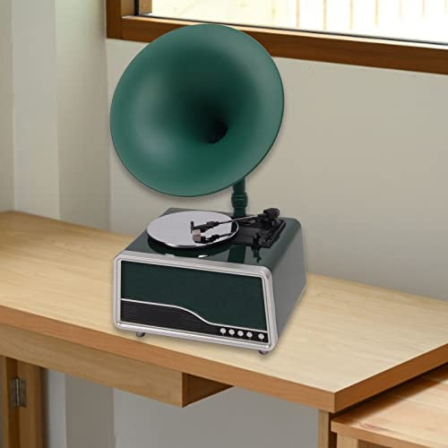 BluetoothRetro Turntable Vintage Gramophone, Gramophone Nostalgique USB avec Fonction Radio FM, Télécommande, Tourne-Disque pour Le Divertissement et la Décoration de la Maison (Vert noirâtre)
