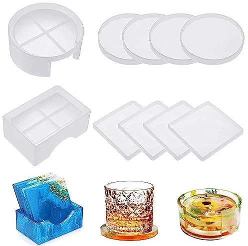 STOUCLA Silikonform Untersetzer Epoxidharz Formen Set 10 Stück,Untersetzerform Epoxidharz Formen mit Untersetzer Halter Rund und Quadrat für Untersetzer,Kerzenhalter,DIY Bastelprojekte,Heimdekoratio