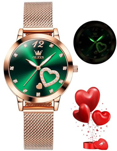 OLEVS Ladies Watch Japanese Quartz Rose Gold Stainless Steel Mesh Strap Diamond Luxury Dress Waterproof Luminous Bracelet Sets