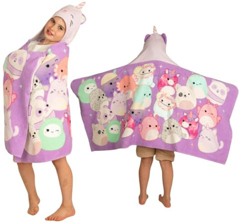 Franco Squishmallows Kinder-Kapuzenhandtuch, superweich, für Bad/Pool/Strand, weiches Baumwoll-Frottee, 61 x 127 cm, offizielles Lizenzprodukt