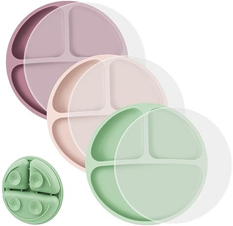 Vicloon Assiettes à succion en silicone pour bébés et tout-petits Assiettes Pour Bébé, 3Pcs Assiette bébé en Silicone, Assiettes à ventouse sans BPA avec Couvercles Pour Bébés et tout-petits