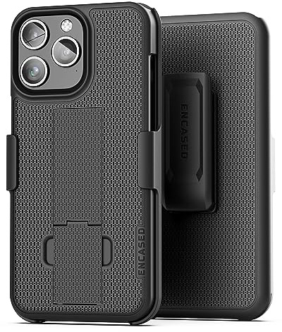 Encased DuraClip Holster Designed for iPhone 15 Pro Max Case with Belt Clip and Screen Protector (UHD Tempered Glass) - Black