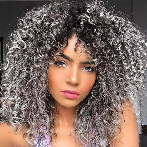 Colorfulpanda Afro Perücke Grau Damen, Ombre Silber Grau Synthetische Wellige Lockige Natürliche Haar für Frauen, Kinky Curly mit Pony kurze Perücken für alltagstauglich Cosplay