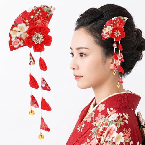 FOMIYES 1 pince à cheveux de style pour kimono en forme d'éventail floral pour cheveux Geisha Japon Cerise Perdre Chiffon