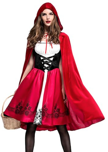 Mckinu Karneval Rotkäppchen Kostüm Damen: Halloween Hexe Prinzessin Kleid und Umhang mit Kapuze Erwachsene - Hexenkostüm Little Red Riding Hood Outfit für Fasching Cosplay Carnival