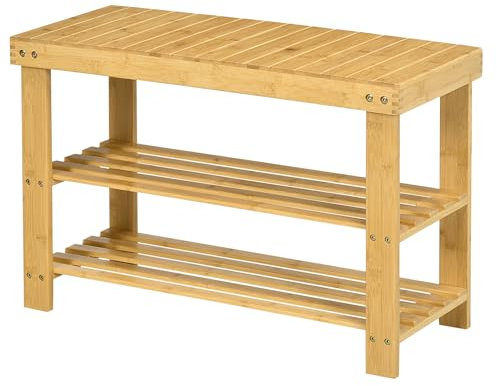 HOMCOM Schuhbank mit Sitzfläche, Bambus Sitzbank mit Stauraum, Schuhregal mit 2 offenen Fächern Garderobenbank für Wohnzimmer, Flur, 70 x 28 x 45 cm Natur